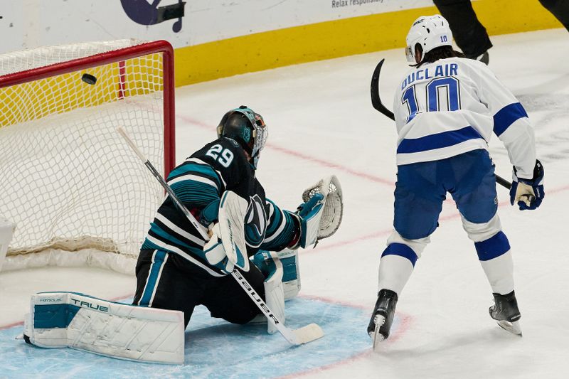 Mar 21, 2024; San Jose, California, USA; Tampa Bay Lightning left wing Anthony Duclair (10) scores a goal against San Jose Sharks goaltender Mackenzie Blackwood (29) during the third period at SAP Center at San Jose. Mandatory Credit: Robert Edwards-USA TODAY Sports