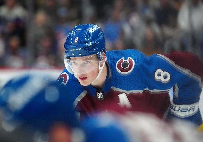 Jan 10, 2024; Denver, Colorado, USA; Colorado Avalanche defenseman Cale Makar (8) duirng the second period against the Vegas Golden Knights at Ball Arena. Mandatory Credit: Ron Chenoy-USA TODAY Sports