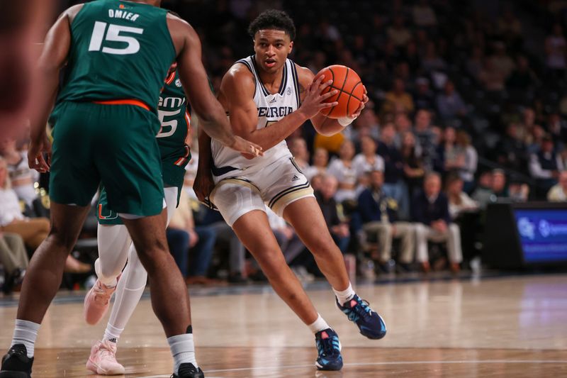 Jan 4, 2023; Atlanta, Georgia, USA; Georgia Tech Yellow Jackets guard Dallan Coleman (3) dribbles against the Miami Hurricanes in the second half at McCamish Pavilion. Mandatory Credit: Brett Davis-USA TODAY Sports
