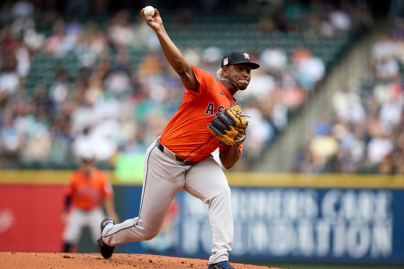 Jul 21, 2024; Seattle, Washington, USA; Houston Astros starting pitcher Ronel Blanco (56) throws against the Seattle Mariners during the secondinning at T-Mobile Park. Mandatory Credit: John Froschauer-USA TODAY Sports