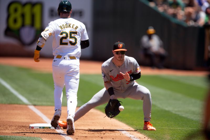 Jul 7, 2024; Oakland, California, USA; Baltimore Orioles first baseman Ryan O'Hearn (32) fields the throw to first in time to retire Oakland Athletics designated hitter Brent Rooker (25) on a dropped third strike during the first inning at Oakland-Alameda County Coliseum. Mandatory Credit: D. Ross Cameron-USA TODAY Sports