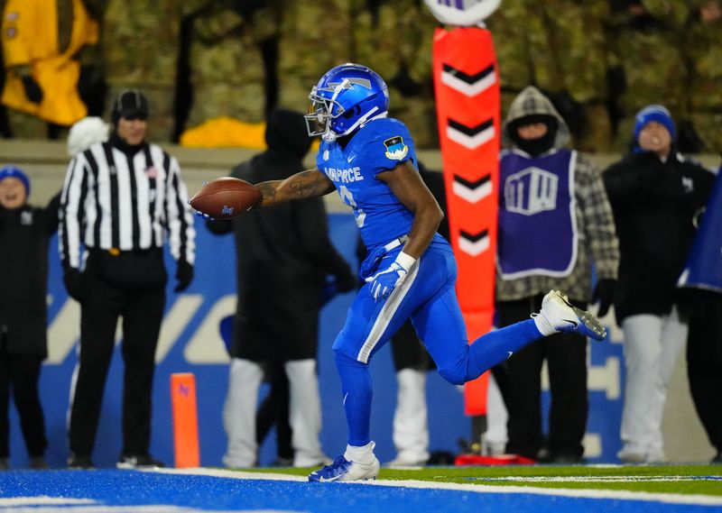 Nov 19, 2022; Colorado Springs, Colorado, USA; Air Force Falcons wide receiver DeAndre Hughes (8) scores against the Colorado State Rams in the first quarter at Falcon Stadium. Mandatory Credit: Ron Chenoy-USA TODAY Sports