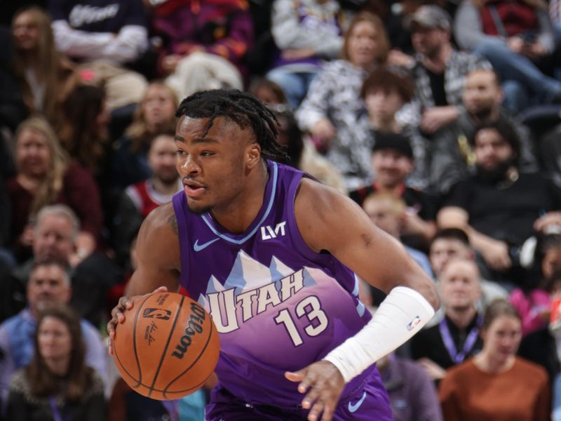 SALT LAKE CITY, UT - DECEMBER 1: Isaiah Collier #13 of the Utah Jazz handles the ball during the game against the Los Angeles Lakers on December 1, 2024 at Delta Center in Salt Lake City, Utah. NOTE TO USER: User expressly acknowledges and agrees that, by downloading and or using this Photograph, User is consenting to the terms and conditions of the Getty Images License Agreement. Mandatory Copyright Notice: Copyright 2024 NBAE (Photo by Melissa Majchrzak/NBAE via Getty Images)