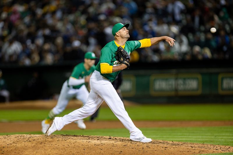 Sep 20, 2024; Oakland, California, USA; Oakland Athletics pitcher T.J. McFarland (48) throws a pitch during the tenth inning against the New York Yankees at Oakland-Alameda County Coliseum. Mandatory Credit: Bob Kupbens-Imagn Images
