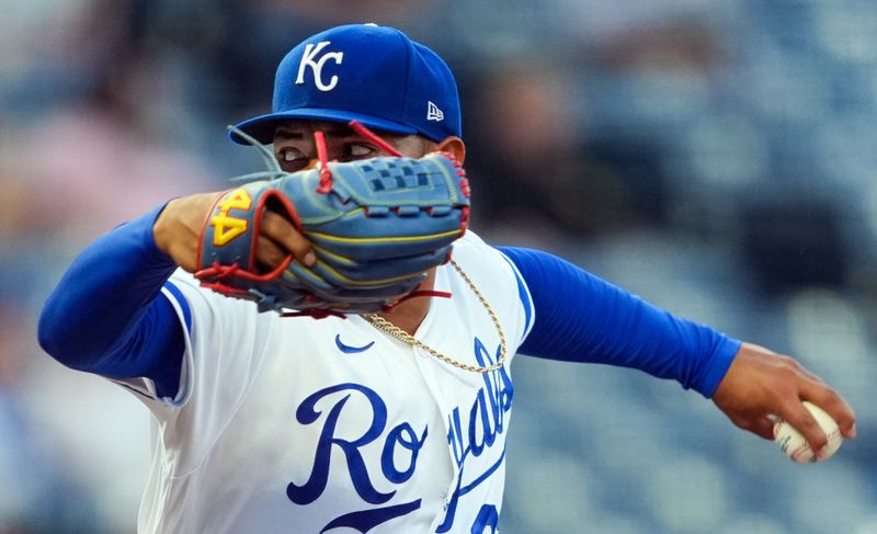 Aug 30, 2023; Kansas City, Missouri, USA; Kansas City Royals starting pitcher Angel Zerpa (61) pitches during the first inning against the Pittsburgh Pirates at Kauffman Stadium. Mandatory Credit: Jay Biggerstaff-USA TODAY Sports