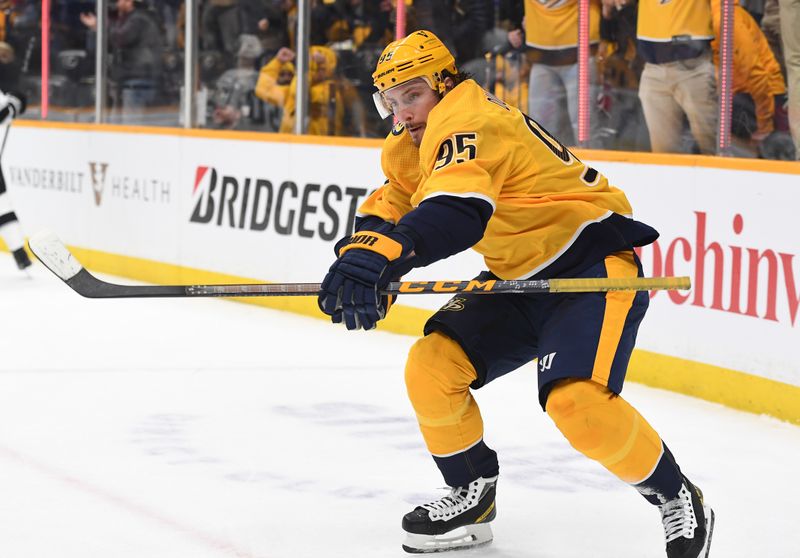 Jan 21, 2023; Nashville, Tennessee, USA; Nashville Predators center Matt Duchene (95) celebrates after a goal during the third period against the Los Angeles Kings at Bridgestone Arena. Mandatory Credit: Christopher Hanewinckel-USA TODAY Sports