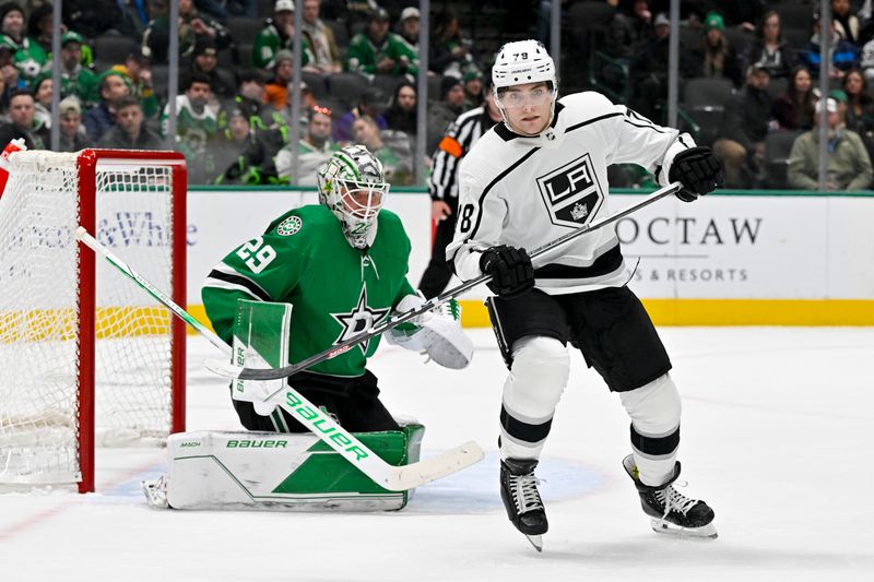 Jan 16, 2024; Dallas, Texas, USA; Dallas Stars goaltender Jake Oettinger (29) and Los Angeles Kings right wing Alex Laferriere (78) look for the puck in the Stars zone during the third period at the American Airlines Center. Mandatory Credit: Jerome Miron-USA TODAY Sports