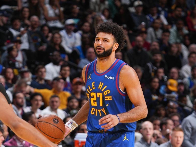 DENVER, CO - NOVEMBER 22: Jamal Murray #27 of the Denver Nuggets dribbles the ball during the game against the Dallas Mavericks during the Emirates NBA Cup game on November 22, 2024 at Ball Arena in Denver, Colorado. NOTE TO USER: User expressly acknowledges and agrees that, by downloading and/or using this Photograph, user is consenting to the terms and conditions of the Getty Images License Agreement. Mandatory Copyright Notice: Copyright 2024 NBAE (Photo by Garrett Ellwood/NBAE via Getty Images)