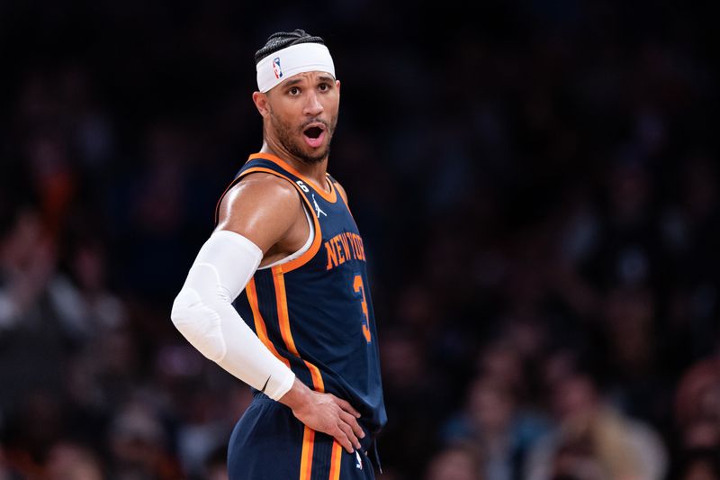 NEW YORK, NEW YORK - MARCH 29: Josh Hart #3 of the New York Knicks looks on during the fourth quarter of the game against the Miami Heat at Madison Square Garden on March 29, 2023 in New York City. NOTE TO USER: User expressly acknowledges and agrees that, by downloading and or using this photograph, User is consenting to the terms and conditions of the Getty Images License Agreement. (Photo by Dustin Satloff/Getty Images)