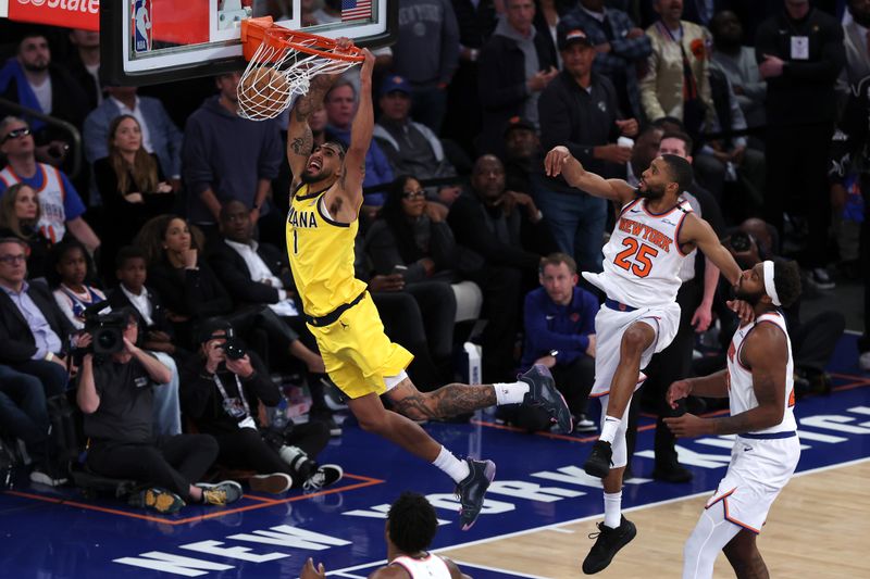 NEW YORK, NEW YORK - MAY 21:  Obi Toppin #1 of the Indiana Pacers dunks the ball against the New York Knicks during overtime in Game One of the Eastern Conference Finals of the 2025 NBA Playoffs at Madison Square Garden on May 21, 2025 in New York City. NOTE TO USER: User expressly acknowledges and agrees that, by downloading and or using this photograph, User is consenting to the terms and conditions of the Getty Images License Agreement. (Photo by Sarah Stier/Getty Images)