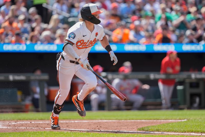 May 26, 2025; Baltimore, Maryland, USA; Baltimore Orioles second baseman Jackson Holliday (7) runs out an RBI single against the St. Louis Cardinals during the third inning at Oriole Park at Camden Yards. Mandatory Credit: Gregory Fisher-Imagn Images