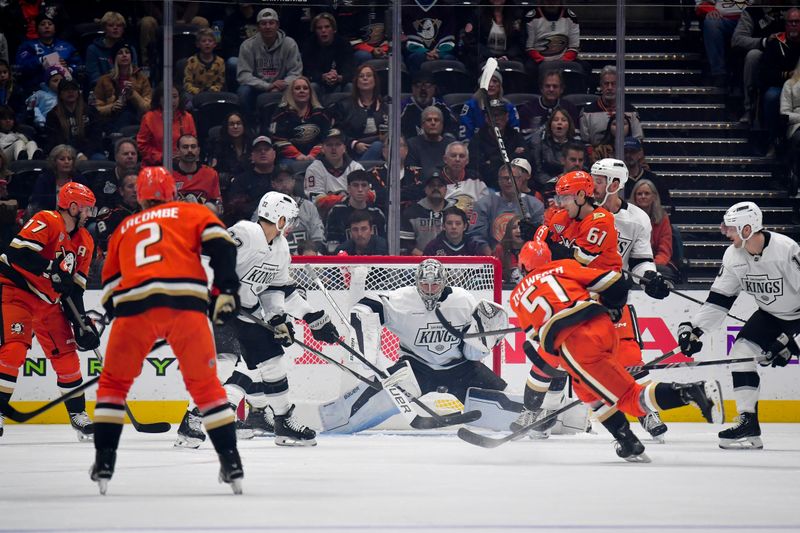 Nov 29, 2024; Anaheim, California, USA; Los Angeles Kings goaltender Erik Portillo (1) defends the goal against the Anaheim Ducks during the first period at Honda Center. Mandatory Credit: Gary A. Vasquez-Imagn Images