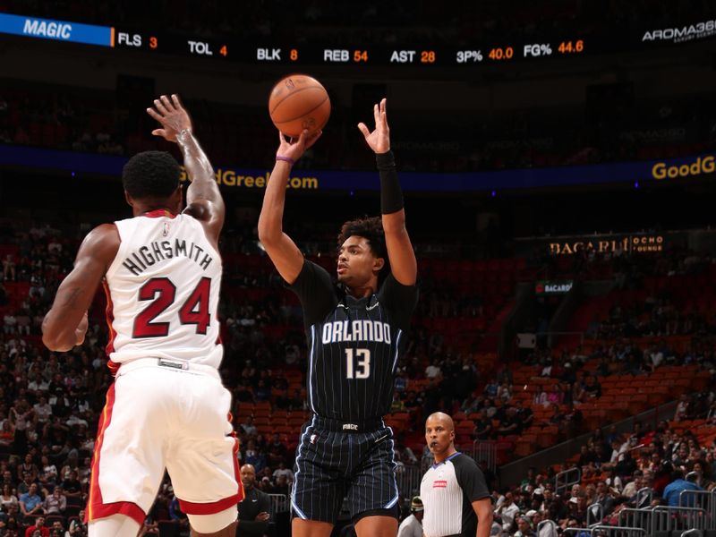 MIAMI, FL - OCTOBER 23: Jett Howard #13 of the Orlando Magic shoots the ball during the game against the Miami Heat on October 23, 2024 at Kaseya Center in Miami, Florida. NOTE TO USER: User expressly acknowledges and agrees that, by downloading and or using this Photograph, user is consenting to the terms and conditions of the Getty Images License Agreement. Mandatory Copyright Notice: Copyright 2024 NBAE (Photo by Issac Baldizon/NBAE via Getty Images)