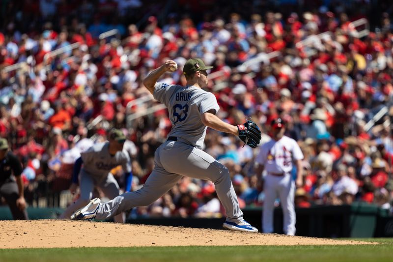 May 21, 2023; St. Louis, Missouri, USA;  Los Angeles Dodgers pitcher Justin Bruihl (63) delivers at Busch Stadium against the St. Louis Cardinals. Mandatory Credit: Zach Dalin-USA TODAY Sports