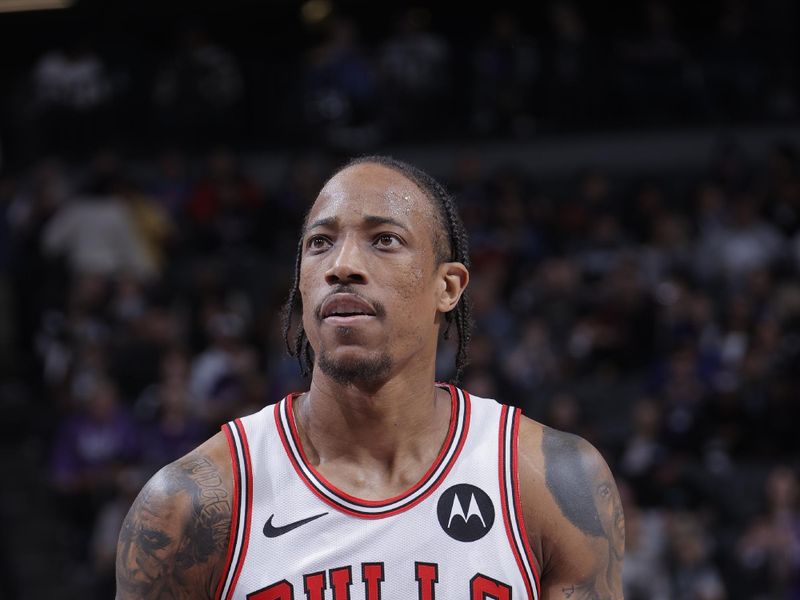 SACRAMENTO, CA - MARCH 4: DeMar DeRozan #11 of the Chicago Bulls shoots a free throw during the game against the Sacramento Kings on March 4, 2024 at Golden 1 Center in Sacramento, California. NOTE TO USER: User expressly acknowledges and agrees that, by downloading and or using this Photograph, user is consenting to the terms and conditions of the Getty Images License Agreement. Mandatory Copyright Notice: Copyright 2024 NBAE (Photo by Rocky Widner/NBAE via Getty Images)