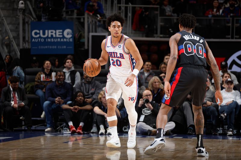 DETROIT, MI - NOVEMBER 30:  Jared McCain #20 of the Philadelphia 76ers dribbles the ball during the game against the Detroit Pistons during a regular season game on November 30, 2024 at Little Caesars Arena in Detroit, Michigan. NOTE TO USER: User expressly acknowledges and agrees that, by downloading and/or using this photograph, User is consenting to the terms and conditions of the Getty Images License Agreement. Mandatory Copyright Notice: Copyright 2024 NBAE (Photo by Brian Sevald/NBAE via Getty Images)