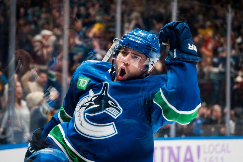Nov 8, 2025; Vancouver, British Columbia, CAN; Vancouver Canucks forward Jake DeBrusk (74) celebrates his goal against the Columbus Blue Jackets in the second period at Rogers Arena. Mandatory Credit: Bob Frid-Imagn Images