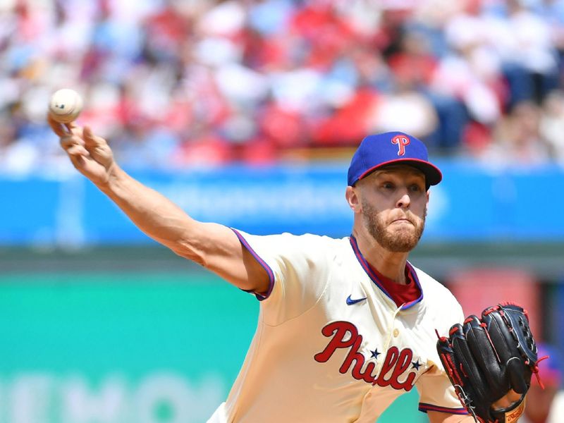 Apr 14, 2024; Philadelphia, Pennsylvania, USA; Philadelphia Phillies pitcher Zack Wheeler (45) throws a pitch during the first inning against the Pittsburgh Pirates at Citizens Bank Park. Mandatory Credit: Eric Hartline-USA TODAY Sports