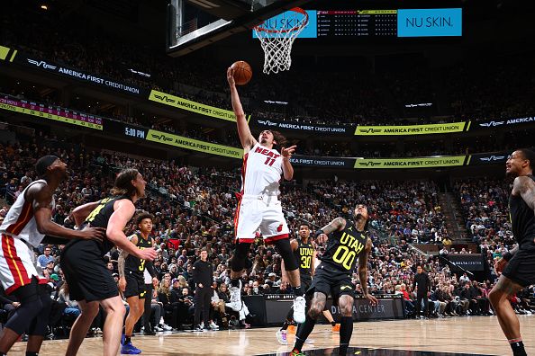 SALT LAKE CITY, UT - DECEMBER 30: Jaime Jaquez Jr. #11 of the Miami Heat shoots the ball during the game against the Utah Jazz on December 30, 2023 at Delta Center in Salt Lake City, Utah. NOTE TO USER: User expressly acknowledges and agrees that, by downloading and or using this Photograph, User is consenting to the terms and conditions of the Getty Images License Agreement. Mandatory Copyright Notice: Copyright 2023 NBAE (Photo by Melissa Majchrzak/NBAE via Getty Images)