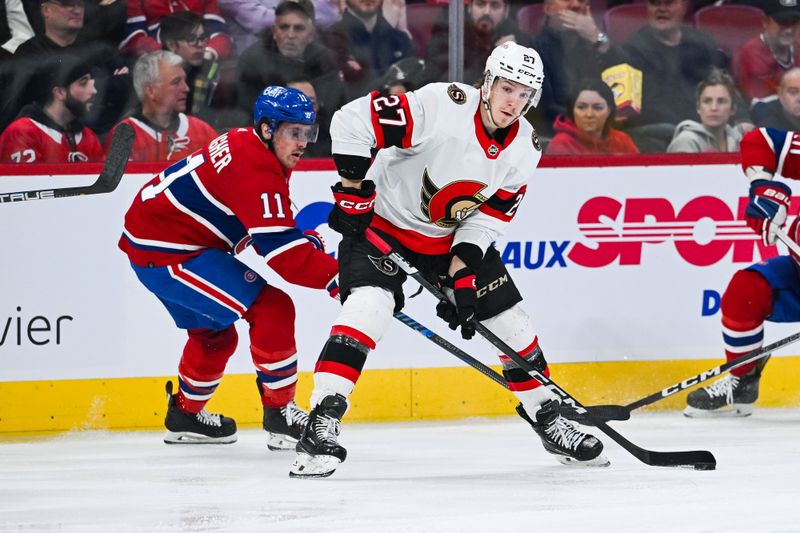 Jan 23, 2024; Montreal, Quebec, CAN; Ottawa Senators left wing Parker Kelly (27) plays the puck against Montreal Canadiens right wing Brendan Gallagher (11) during the third period at Bell Centre. Mandatory Credit: David Kirouac-USA TODAY Sports