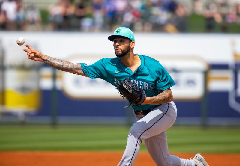 Mar 18, 2024; Surprise, Arizona, USA; Seattle Mariners pitcher Tyson Miller against the Texas Rangers during a spring training baseball game at Surprise Stadium. Mandatory Credit: Mark J. Rebilas-USA TODAY Sports