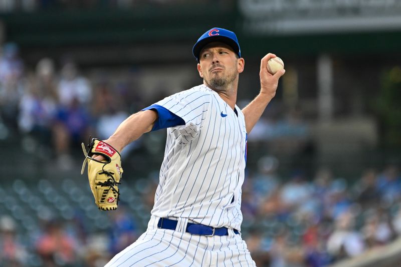 Jul 17, 2023; Chicago, Illinois, USA;  Chicago Cubs starting pitcher Drew Smyly (11) delivers against the Washington Nationals during the first inning at Wrigley Field. Mandatory Credit: Matt Marton-USA TODAY Sports