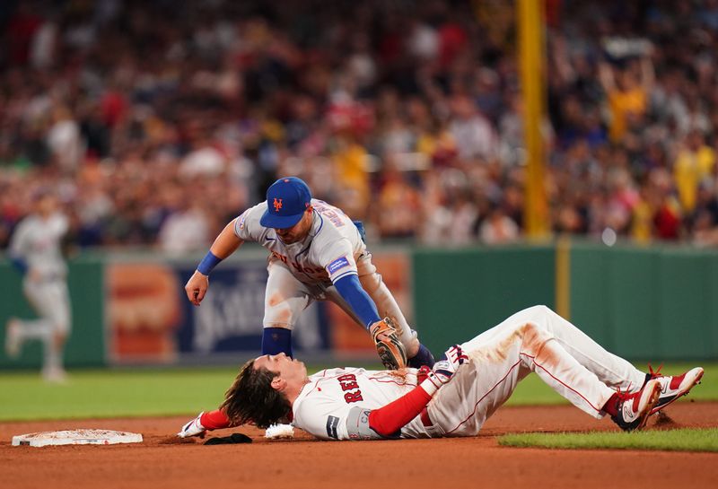 Jul 23, 2023; Boston, Massachusetts, USA; Boston Red Sox first baseman Triston Casas (36) tagged out at seconds by New York Mets second baseman Danny Mendick (15) in the fifth inning at Fenway Park. Mandatory Credit: David Butler II-USA TODAY Sports