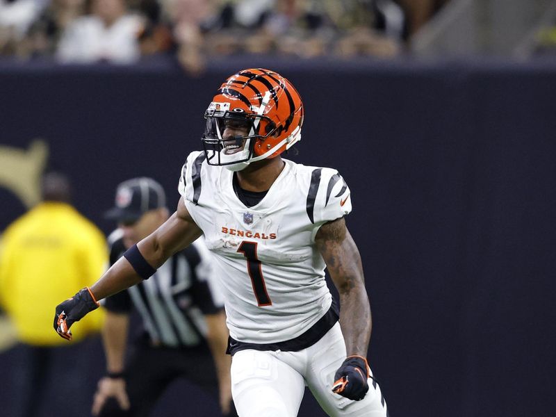 Cincinnati Bengals wide receiver Ja'Marr Chase (1) during an NFL football game against the New Orleans Saints, Sunday, Oct. 16, 2022, in New Orleans. (AP Photo/Tyler Kaufman)