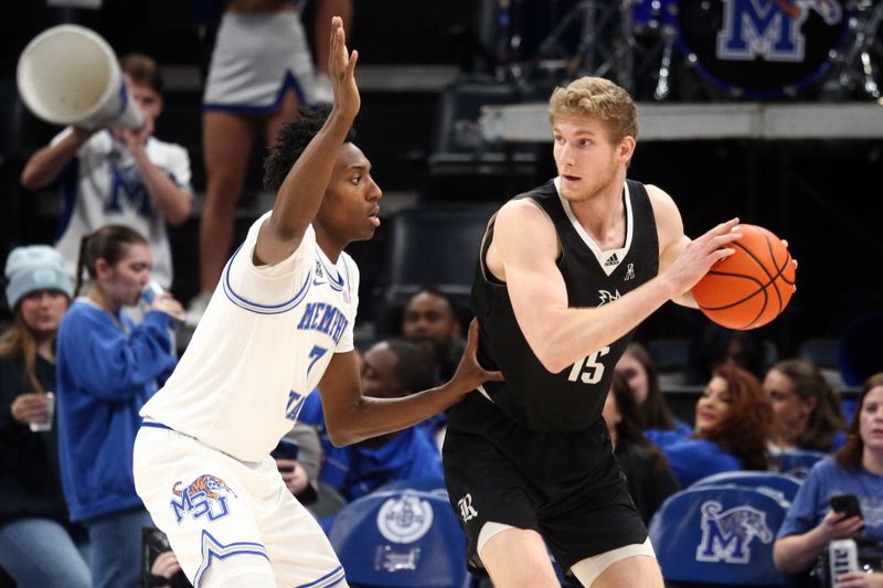 Jan 31, 2024; Memphis, Tennessee, USA; Rice Owls forward Max Fiedler (15) handles the ball as Memphis Tigers forward Nae'Qwan Tomlin (7) defends during the first half at FedExForum. Mandatory Credit: Petre Thomas-USA TODAY Sports