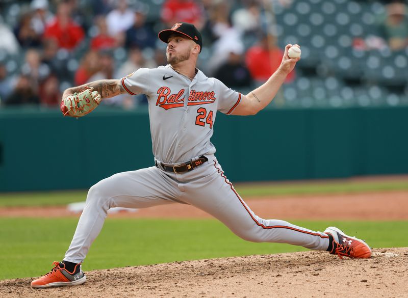 Sep 24, 2023; Cleveland, Ohio, USA; Baltimore Orioles relief pitcher DL Hall (24) pitches in the ninth inning against the Cleveland Guardians at Progressive Field. Mandatory Credit: Aaron Josefczyk-USA TODAY Sports