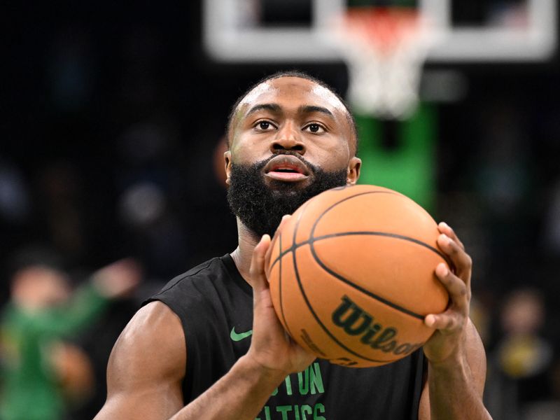 BOSTON, MASSACHUSETTS - FEBRUARY 01: Jaylen Brown #7 of the Boston Celtics takes a shot during warmups before a game against the Los Angeles Lakers at the TD Garden on February 01, 2024 in Boston, Massachusetts. NOTE TO USER: User expressly acknowledges and agrees that, by downloading and or using this photograph, User is consenting to the terms and conditions of the Getty Images License Agreement. (Photo by Brian Fluharty/Getty Images)