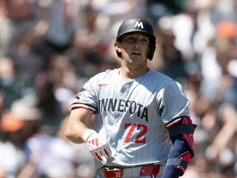 Jul 14, 2024; San Francisco, California, USA; Minnesota Twins second baseman Brooks Lee (72) tosses his bat after striking out against the San Francisco Giants during the seventh inning at Oracle Park. Mandatory Credit: D. Ross Cameron-USA TODAY Sports