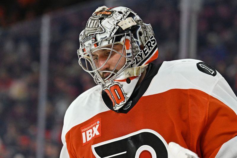 Feb 3, 2026; Philadelphia, Pennsylvania, USA; Philadelphia Flyers goaltender Dan Vladar (80) during a break against the Washington Capitals during the second period at Xfinity Mobile Arena. Mandatory Credit: Eric Hartline-Imagn Images