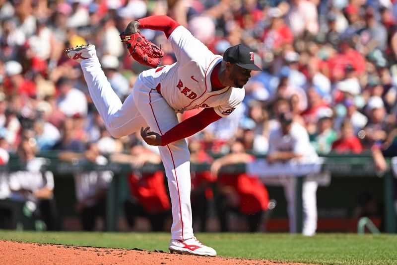 Jul 13, 2025; Boston, Massachusetts, USA; Boston Red Sox pitcher Aroldis Chapman (44) pitches against the Tampa Bay Rays during the ninth inning  at Fenway Park. Mandatory Credit: Brian Fluharty-Imagn Images