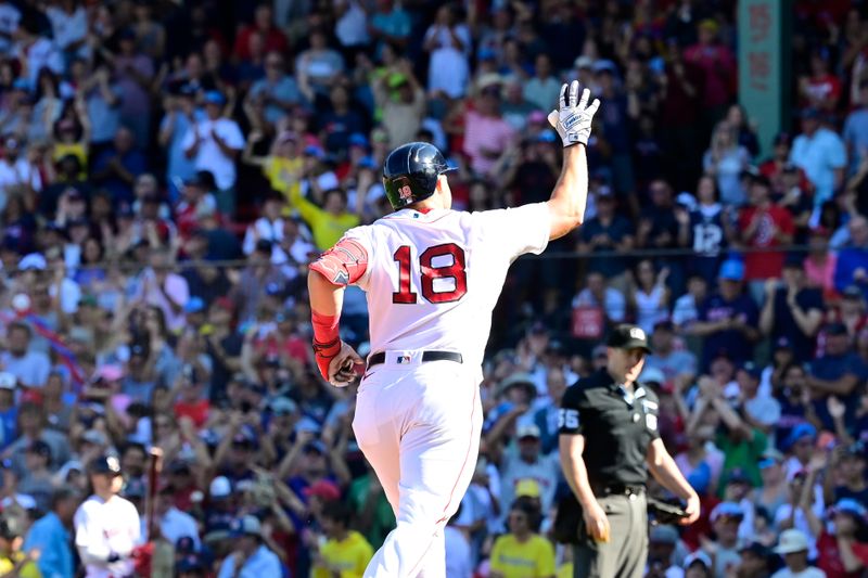 Aug 27, 2023; Boston, Massachusetts, USA; Boston Red Sox left fielder Adam Duvall (18) reacts to his home run against the Los Angeles Dodgers during the eighth inning at Fenway Park. Mandatory Credit: Eric Canha-USA TODAY Sports