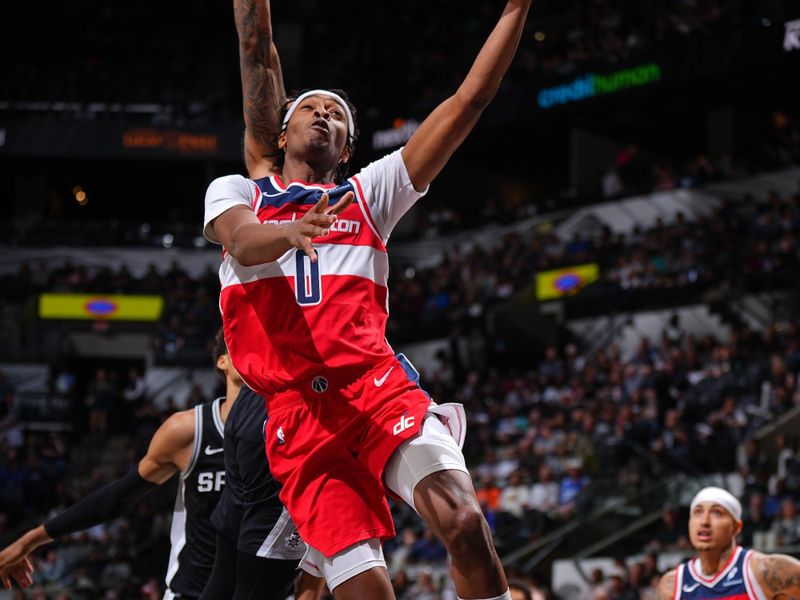 SAN ANTONIO, TX - NOVEMBER 13: Bilal Coulibaly #0 of the Washington Wizards shoots the ball during the game against the San Antonio Spurs on November 13, 2024 at the Frost Bank Center in San Antonio, Texas. NOTE TO USER: User expressly acknowledges and agrees that, by downloading and or using this photograph, user is consenting to the terms and conditions of the Getty Images License Agreement. Mandatory Copyright Notice: Copyright 2024 NBAE (Photos byGarrett Ellwood/NBAE via Getty Images)