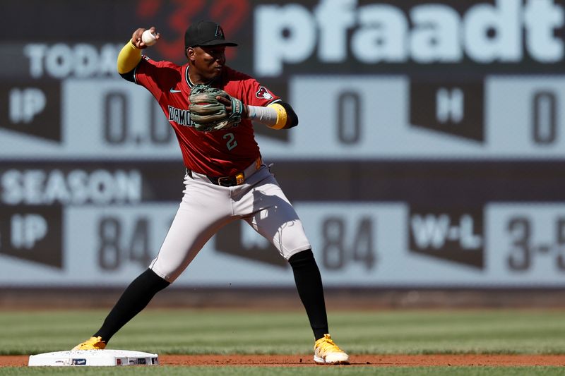 Jun 19, 2024; Washington, District of Columbia, USA; Arizona Diamondbacks shortstop Geraldo Perdomo (2) turns a double play on a ground ball by Washington Nationals outfielder Eddie Rosario (not pictured) during the first inning at Nationals Park. Mandatory Credit: Geoff Burke-USA TODAY Sports