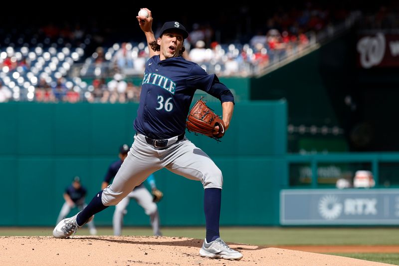 May 25, 2024; Washington, District of Columbia, USA; Seattle Mariners starting pitcher Logan Gilbert (36) pitches against the Washington Nationals during the first inning at Nationals Park. Mandatory Credit: Geoff Burke-USA TODAY Sports