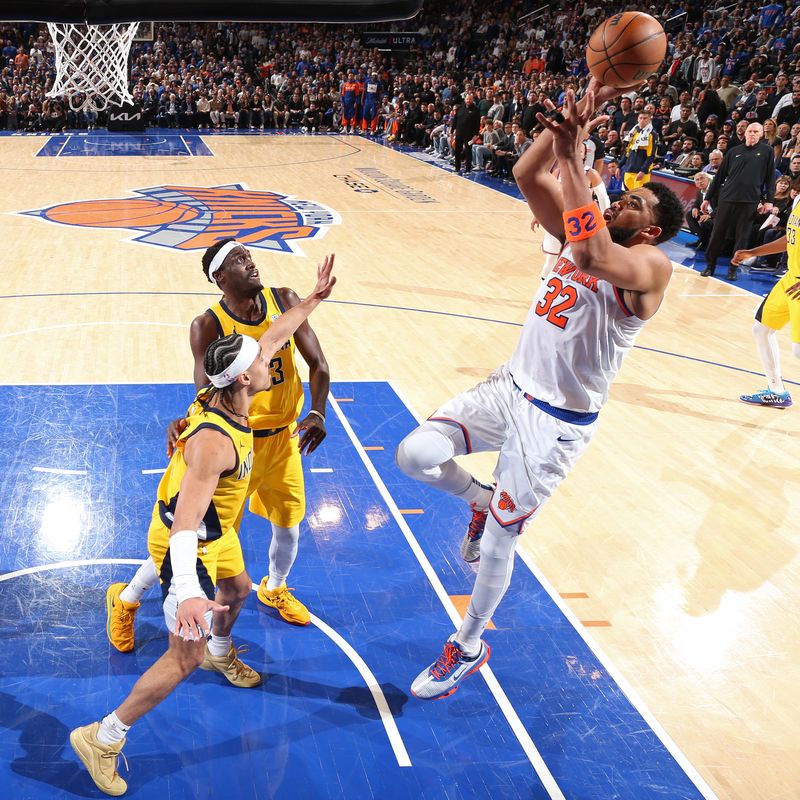 NEW YORK, NY - MAY 21: Karl-Anthony Towns #32 of the New York Knicks shoots the ball during the game against the Indiana Pacers during Game 1 of the 2025 Eastern Conference Finals on May 21, 2025 at Madison Square Garden in New York City, New York. NOTE TO USER: User expressly acknowledges and agrees that, by downloading and or using this photograph, User is consenting to the terms and conditions of the Getty Images License Agreement. Mandatory Copyright Notice: Copyright 2025 NBAE(Photo by Nathaniel S. Butler/NBAE via Getty Images)