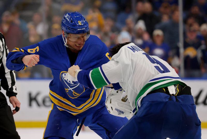 Jan 13, 2024; Buffalo, New York, USA;  Buffalo Sabres defenseman Erik Johnson (6) and Vancouver Canucks center J.T. Miller (9) fight during the second period at KeyBank Center. Mandatory Credit: Timothy T. Ludwig-USA TODAY Sports