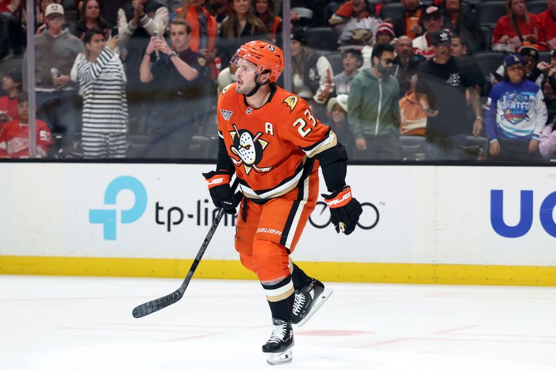 Oct 31, 2025; Anaheim, California, USA;  Anaheim Ducks center Mason McTavish (23) skates back to the bench after scoring a goal during the second period against the Detroit Red Wings at Honda Center. Mandatory Credit: Kiyoshi Mio-Imagn Images
