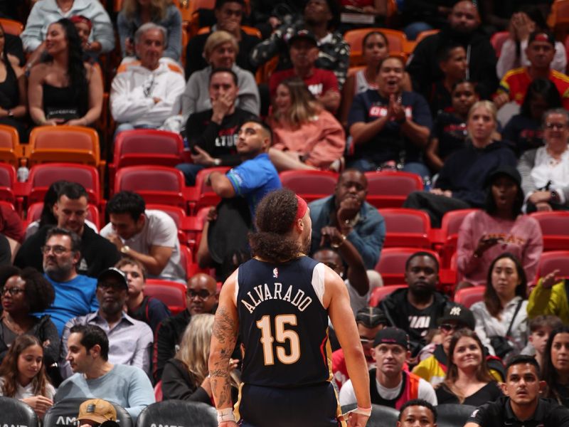 MIAMI, FL - MARCH 22: Jose Alvarado #15 of the New Orleans Pelicans celebrates during the game against the Miami Heat on March 22, 2024 at Kaseya Center in Miami, Florida. NOTE TO USER: User expressly acknowledges and agrees that, by downloading and or using this Photograph, user is consenting to the terms and conditions of the Getty Images License Agreement. Mandatory Copyright Notice: Copyright 2024 NBAE (Photo by Issac Baldizon/NBAE via Getty Images)