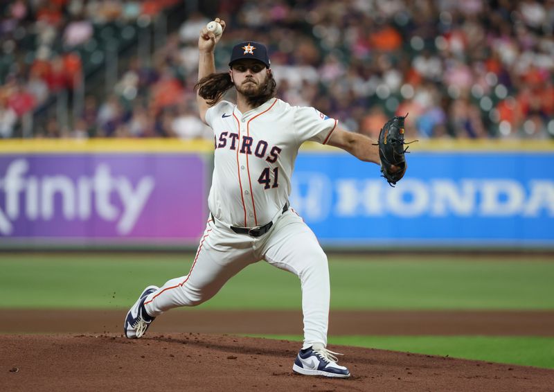 Sep 10, 2024; Houston, Texas, USA;  Houston Astros starting pitcher Spencer Arrighetti (41) pitches against the Oakland Athletics In the first inning at Minute Maid Park. Mandatory Credit: Thomas Shea-Imagn Images