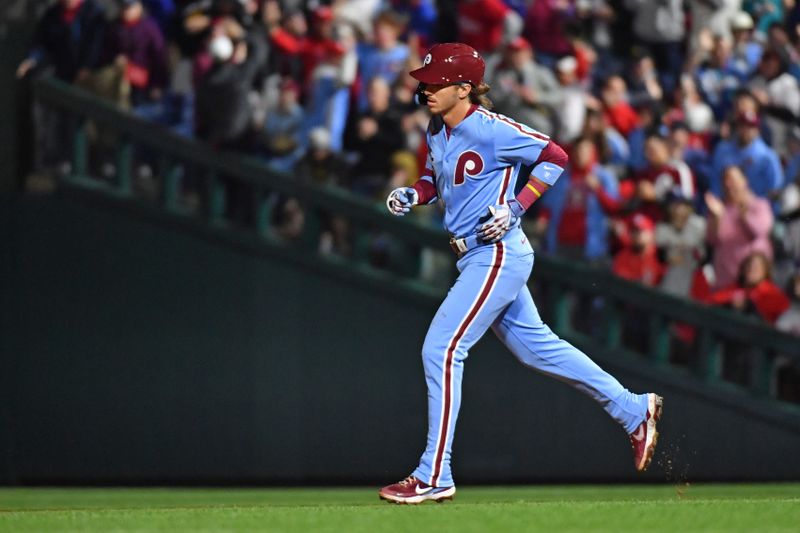 Apr 11, 2024; Philadelphia, Pennsylvania, USA; Philadelphia Phillies second base Bryson Stott (5) runs the bases after hitting a two run home run against the Pittsburgh Pirates during the seventh inning at Citizens Bank Park. Mandatory Credit: Eric Hartline-USA TODAY Sports