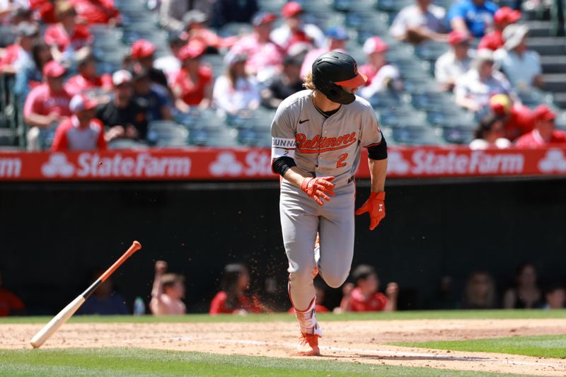 Apr 24, 2024; Anaheim, California, USA;  Baltimore Orioles shortstop Gunnar Henderson (2) hits a double during the fifth inning against the Los Angeles Angels at Angel Stadium. Mandatory Credit: Kiyoshi Mio-USA TODAY Sports