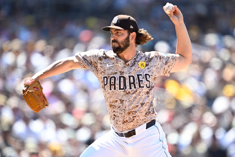 Jul 7, 2024; San Diego, California, USA; San Diego Padres relief pitcher Austin Davis (48) pitches against the Arizona Diamondbacks during the eighth inning at Petco Park. Mandatory Credit: Orlando Ramirez-USA TODAY Sports