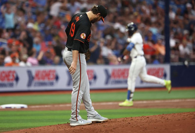 Jun 7, 2024; St. Petersburg, Florida, USA;Baltimore Orioles pitcher Cole Irvin (19) looks down after Tampa Bay Rays outfielder Jose Siri (22) hits a home run during the second inning at Tropicana Field. Mandatory Credit: Kim Klement Neitzel-USA TODAY Sports