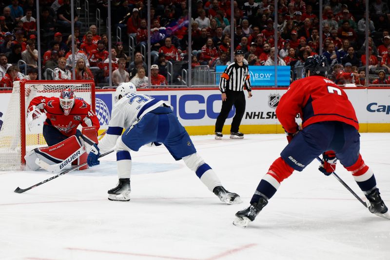Mar 1, 2025; Washington, District of Columbia, USA; Tampa Bay Lightning left wing Brandon Hagel (38) shoots the puck on Washington Capitals goaltender Logan Thompson (48) in the second period at Capital One Arena. Mandatory Credit: Geoff Burke-Imagn Images