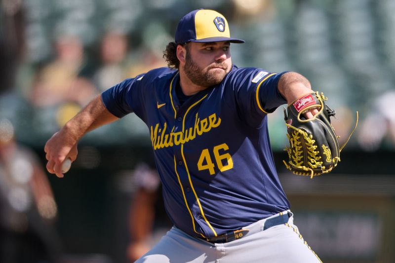 Aug 24, 2024; Oakland, California, USA; Milwaukee Brewers pitcher Bryse Wilson (46) throws a pitch against the Oakland Athletics during the ninth inning at Oakland-Alameda County Coliseum. Mandatory Credit: Robert Edwards-USA TODAY Sports