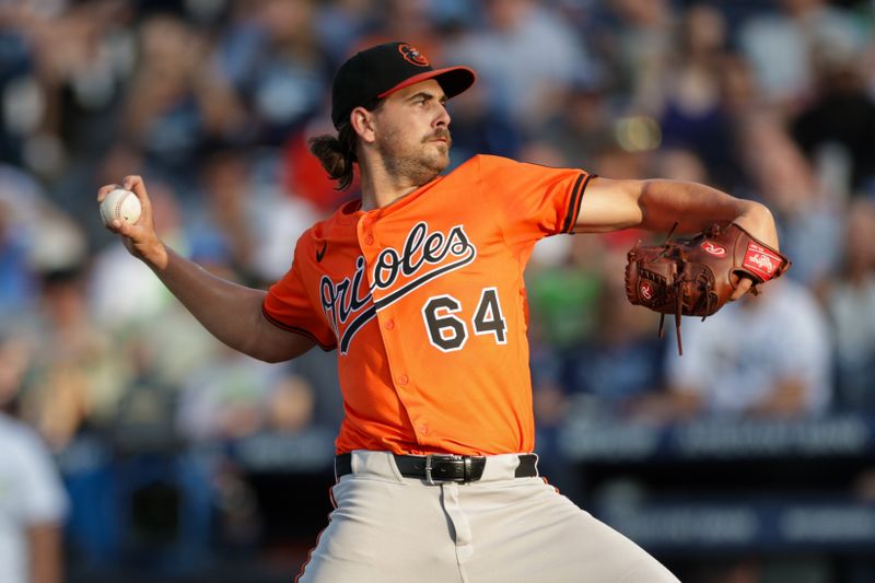 Jul 19, 2025; Tampa, Florida, USA; Baltimore Orioles starting pitcher Dean Kremer (64) throws a pitch against the Tampa Bay Rays in the first inning at George M. Steinbrenner Field. Mandatory Credit: Nathan Ray Seebeck-Imagn Images